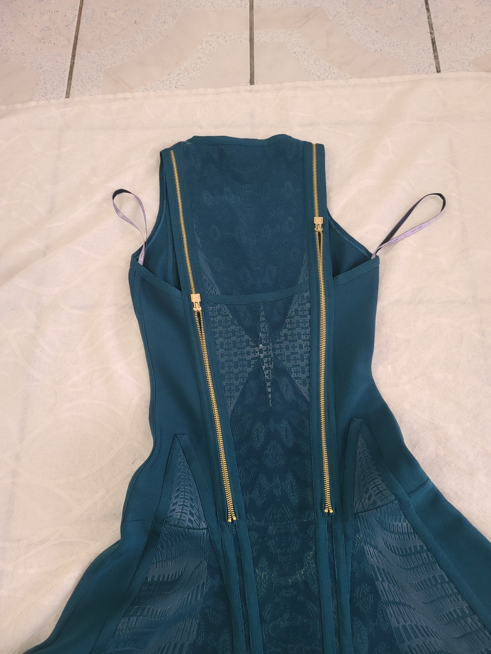 Herve Leger Teal Asymmetrical Zip Fit-and-Flare Midi Dress - Picture 13 of 13
